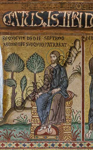 Palermo, Palazzo Reale o Palazzo dei Normanni,  Cappella Palatina (Basilica), ciclo di mosaici Vecchio Testamento, ciclo della Creazione: "Il riposo del Creatore al settimo giorno", XII secolo.