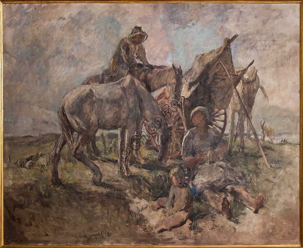 Assicoop - Unipol Collection: Giuseppe Graziosi (1879-1942), "Rest in the Fields". Oil on plywood, cm. 210 x 153.