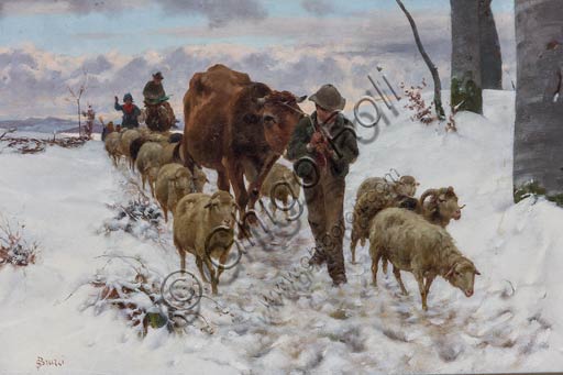 Piacenza, Galleria Ricci Oddi:   "Ritorno dal mercato dopo la nevicata" (prima del 1877), olio su tela di Stefano Bruzzi (1835 - 1911).