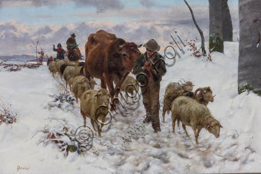 Piacenza, Galleria Ricci Oddi: "Coming back from the Market after the Snowfall" (before 1877),  oil painting by Stefano Bruzzi (1835 - 1911).