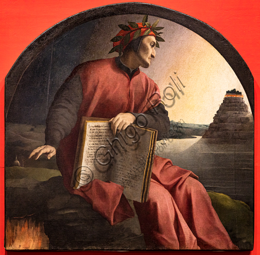 “Ritratto allegorico di Dante”. Agnolo Bronzino 1532-1533, collezione privata.A destra la collina del Purgatorio. Al centroDante mostra un volume con le pagine che si riferiscono al canto XXV del Paradiso. Con la mano destra protegge Firenze, rappresentata dai suoi edifici più importanti e rappresentativi. In basso a sinistra le fiamme dell’Inferno.