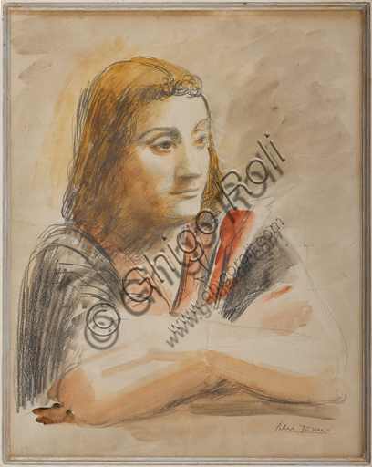 Collezione Assicoop - Unipol: Achille Funi (Ferrara,1890 - 1972), "Ritratto", tecnica mista su carta.