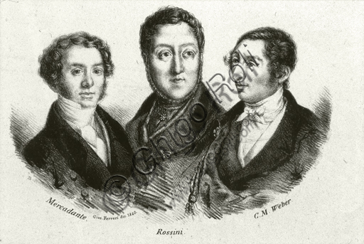  "Portrait of Fthe composers Saverio Mercadante, Gioacchino Rossini e Carl Maria von Weber". Engraving.