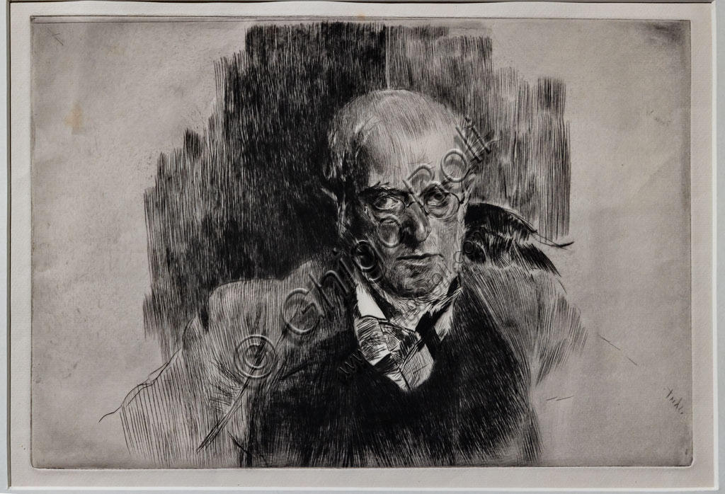 “Ritratto del pittore Adolf Menzel”, di Giovanni Boldini, 1890, puntasecca su carta.