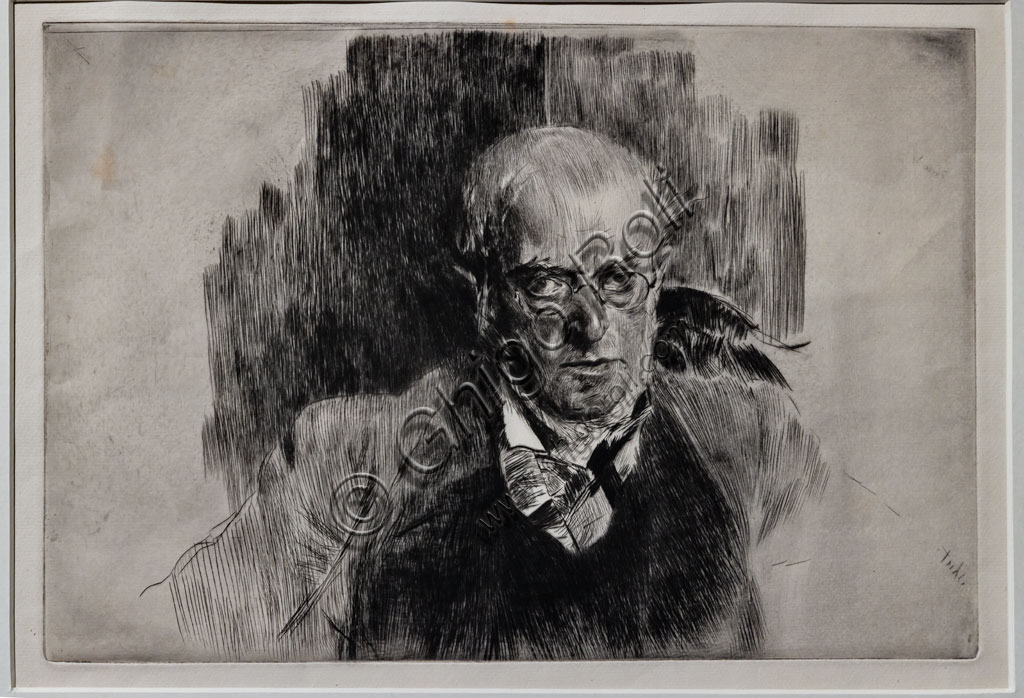 “Portrait of the painter Adolf Menzel”, by Giovanni Boldini, 1890, drypoint on paper.