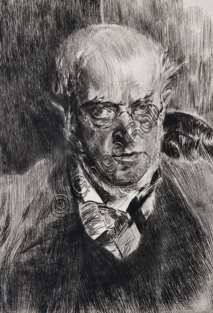 “Ritratto del pittore Adolf Menzel”, di Giovanni Boldini, 1890, puntasecca su carta.Particolare.