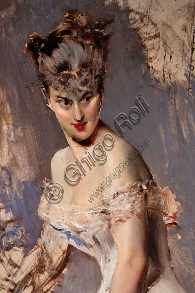 “Ritratto dell’attrice Alice Regnault”, di Giovanni Boldini, 1880, olio su tela.Particolare.