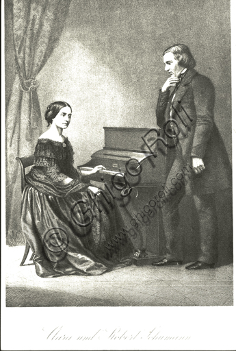  "Ritratto di Clara e Robert Schumann al pianoforte". Incisione.