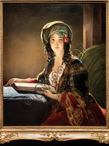 Ippolito Caffi: "Ritratto di donna orientale: Fatima di Smirne", olio su tela, 1843.Ippolito Caffi: "Portrait of an oriental woman: Fatima of Izmir", oil painting, 1843.