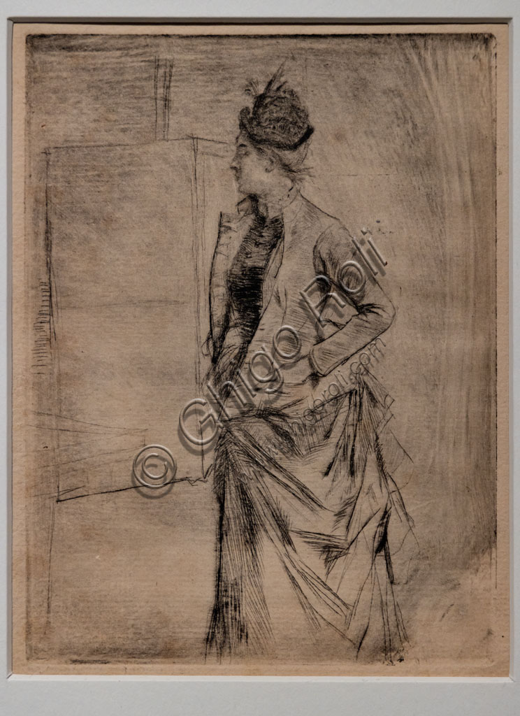 “Ritratto di giovane donna in piedi di profilo (la visita)”, di Giovanni Boldini, 1880-5, puntasecca su carta.