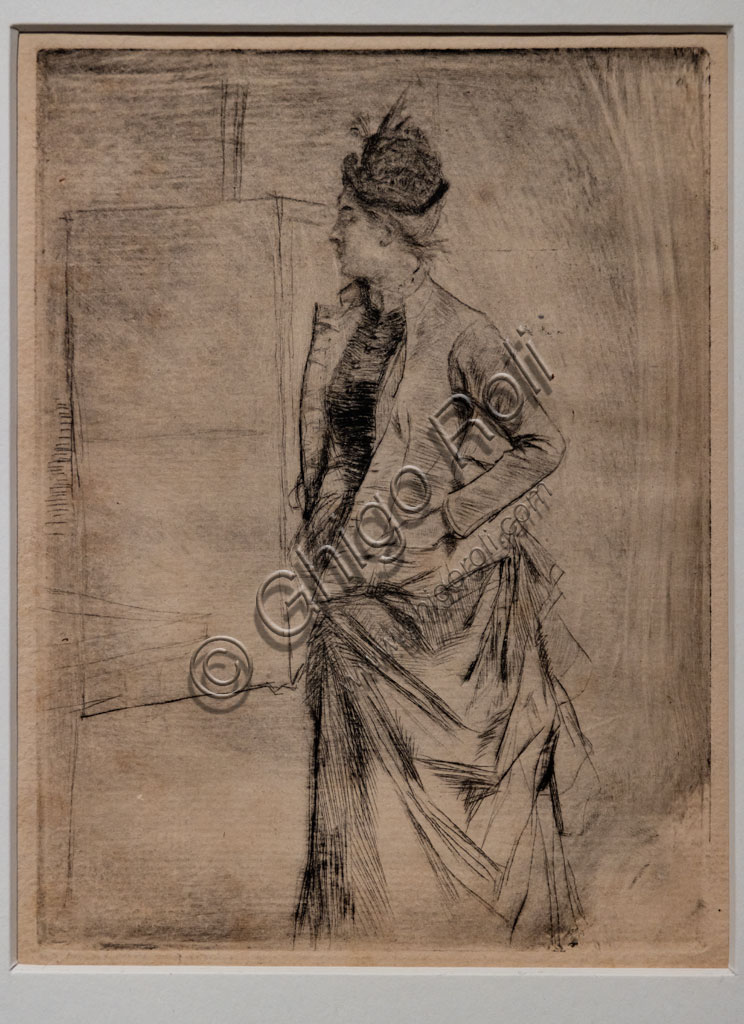 “Portrait of a Standing Young Woman in Profile (The Visit)”, by Giovanni Boldini, 1880-5, drypoint on paper.