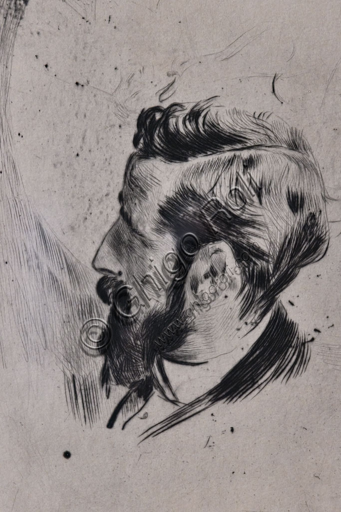 “Ritratto di Paul Helleu di profilo”, di Giovanni Boldini, 1900, puntasecca su carta.