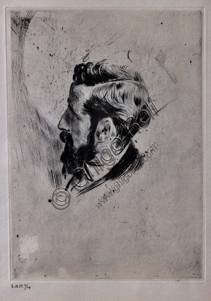 “Ritratto di Paul Helleu di profilo”, di Giovanni Boldini, 1900, puntasecca su carta.
