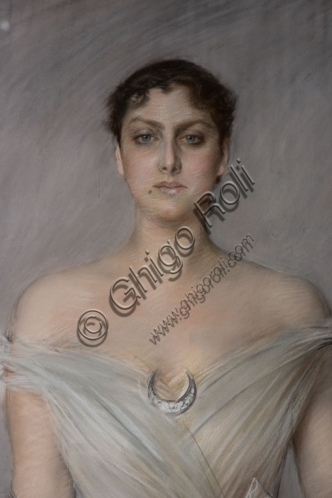 “Ritratto di signora in bianco con guanti e ventaglio”, di Giovanni Boldini, 1889, pastelli su tela.Particolare.