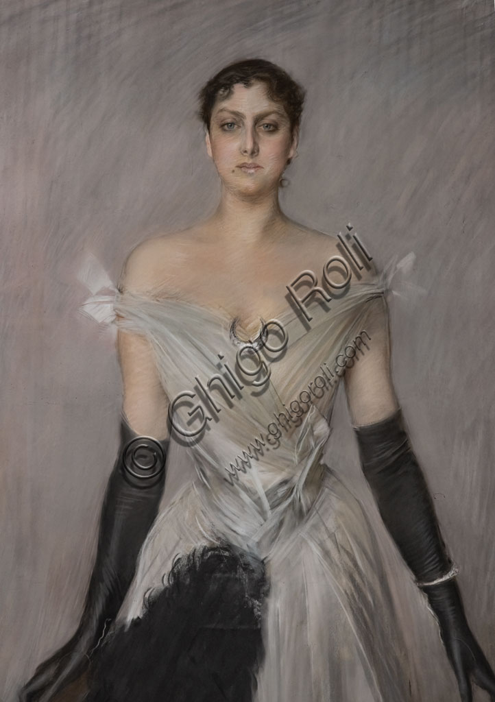 “Ritratto di signora in bianco con guanti e ventaglio”, di Giovanni Boldini, 1889, pastelli su tela.Particolare.