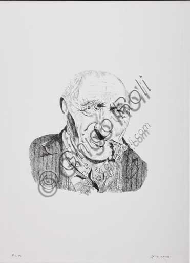 Assicoop - Unipol Collection:Remo Zanerini (1923 -), "Portrait of an Old Man smoking a Cigar". Lithograph