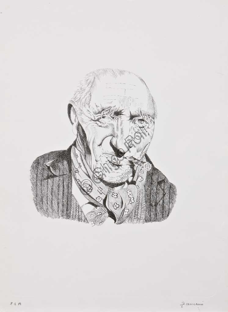 Assicoop - Unipol Collection:Remo Zanerini, "Portrait of an Old Man with Cigar", Lithograph.