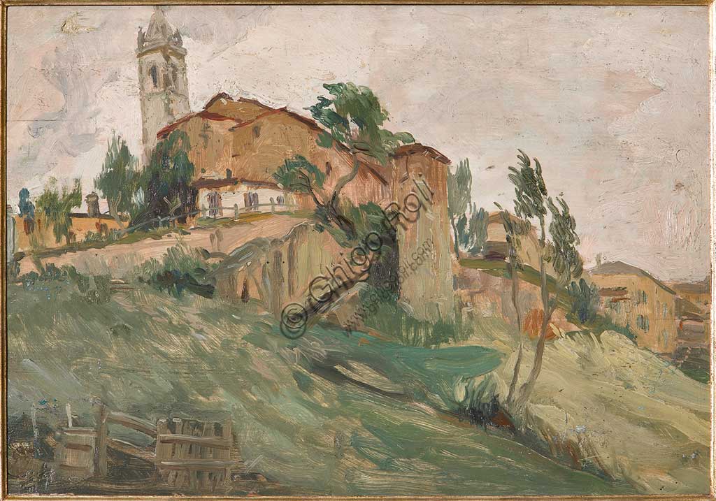 Collezione Assicoop - Unipol: Giuseppe Graziosi (1879-1942), "La Rocca di Savignano". Olio su compensato, cm. 40 x 60.