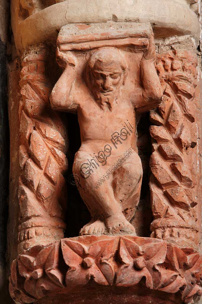 Vignola Stronghold, the Contrari Chapel: one of the corbel of the vault with a telamon. Detail.