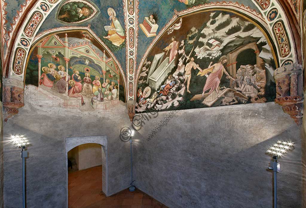 Rocca di Vignola, Cappella Contrari: veduta della cappella con affreschi del Maestro di Vignola, anni Venti del Quattrocento.