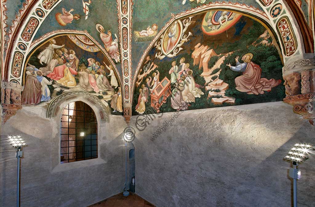 Rocca di Vignola, Cappella Contrari: veduta della cappella con affreschi del Maestro di Vignola, anni Venti del Quattrocento.