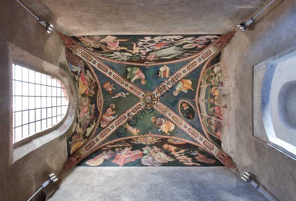 Vignola Stronghold, the Contrari Chapel: view of the vault with fresco representing the four Evangelists, the three faced Trinity and the Tree of Life, the Mystical Lamb, the blessing Infant Jesus in the manger and the Resurrected Christ. Frescoes by the Master of Vignola, about 1420.