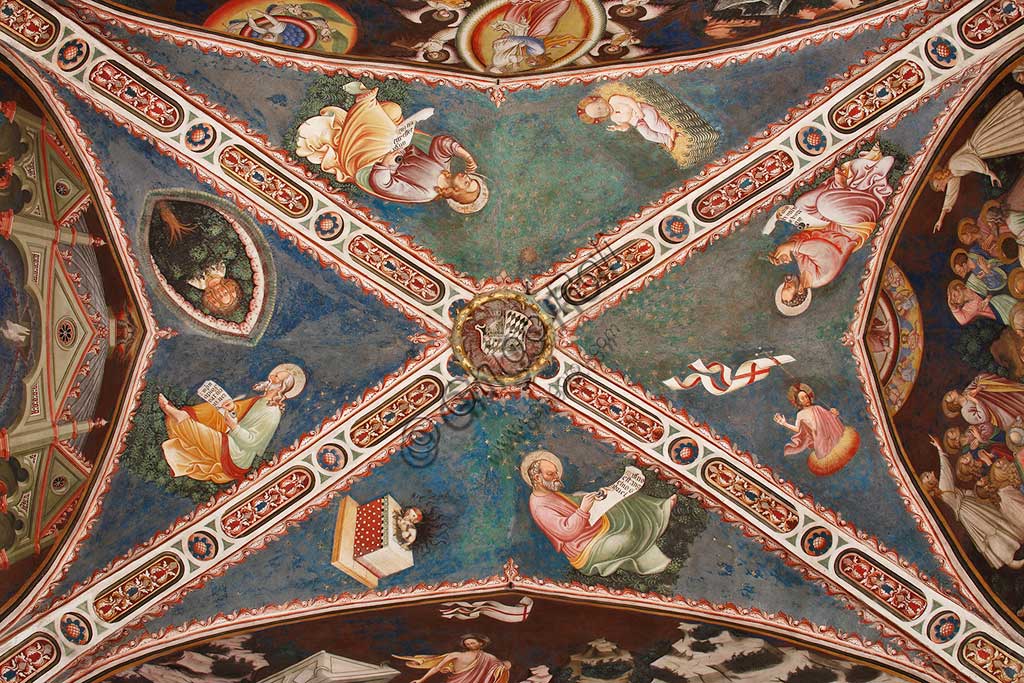 Vignola Stronghold, the Contrari Chapel: view of the vault with fresco representing the four Evangelists, the three faced Trinity and the Tree of Life, the Mystical Lamb, the blessing Infant Jesus in the manger and the Resurrected Christ. Frescoes by the Master of Vignola, about 1420.