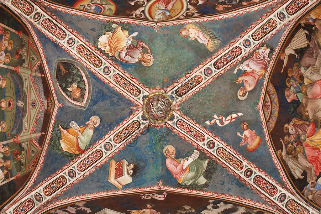 Vignola Stronghold, the Contrari Chapel: view of the vault with fresco representing the four Evangelists, the three faced Trinity and the Tree of Life, the Mystical Lamb, the blessing Infant Jesus in the manger and the Resurrected Christ. Frescoes by the Master of Vignola, about 1420.