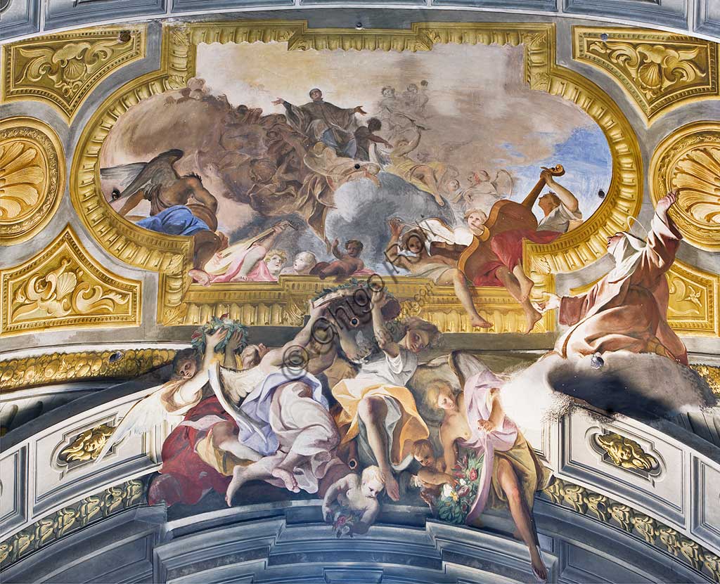 Roma, Chiesa di S. Ignazio di Loyola, interno, transetto: "Visione di S. Luigi Gonzaga in Gloria, vissuta da Santa Maria Maddalena de' Pazzi", affresco  di Andrea Pozzo, 1685.