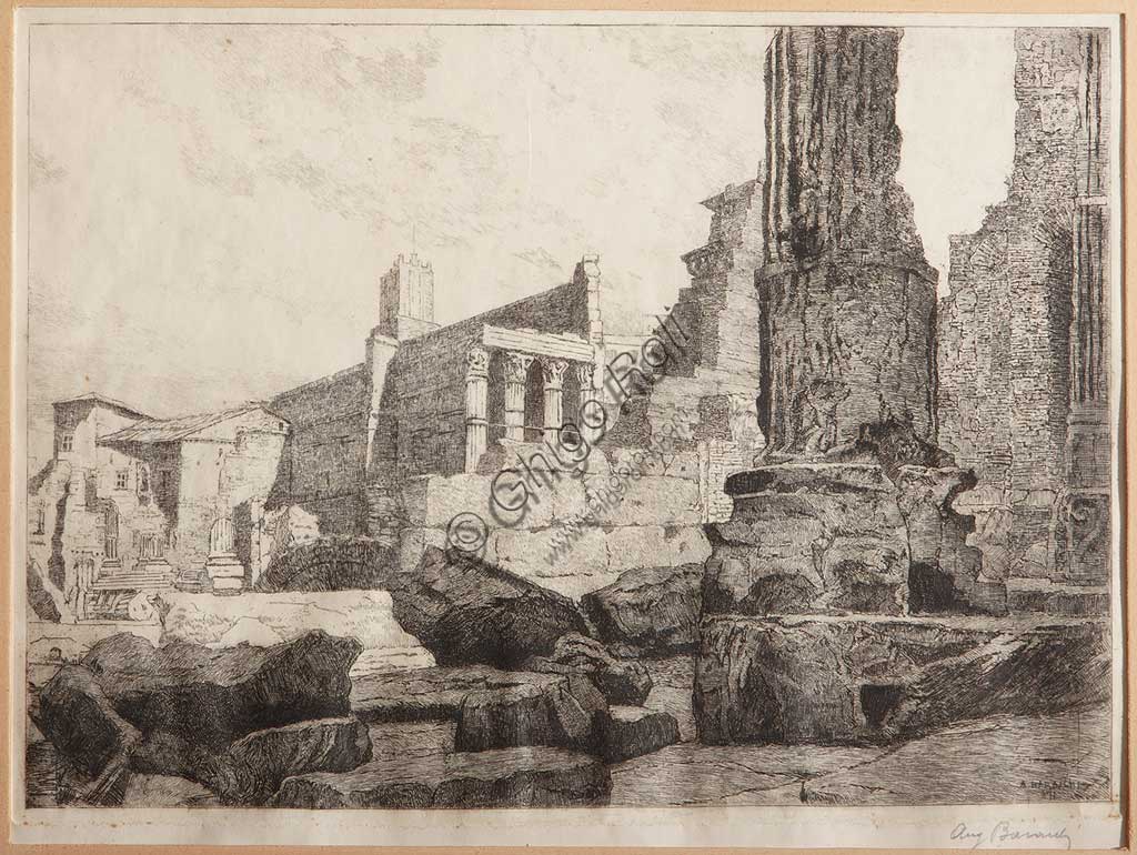 Collezione Assicoop - Unipol: Augusto Baracchi (1878 - 1942), "Roma, Il Foro di Augusto. Tempio di Marte Ultore", acquaforte su carta.