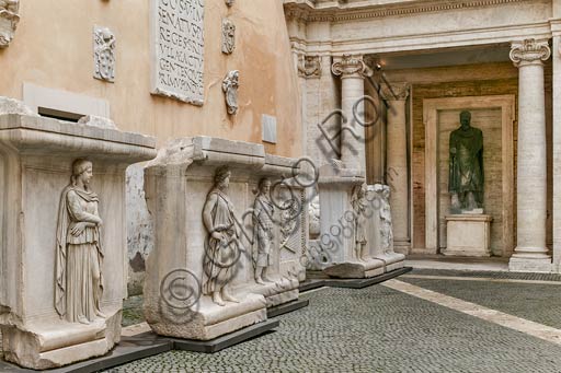  Rome, Capitolines Museums, courtyard of Palazzo dei Conservatori: remains of the cell decoration from the Temple of the God Hadrian, with reliefs portraying the Provinces of the Roman empire and military trophies. 