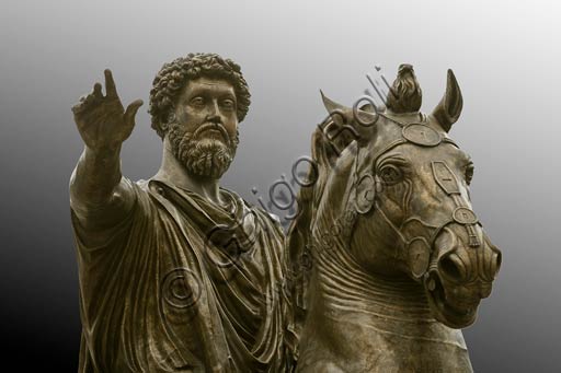  Rome, Capitoline Hill, Capitol square: Equestrian Statue of Marcus Aurelius. Copy from a bronze original of the 2nd Century BC. The original is inside the Museum. Detail.