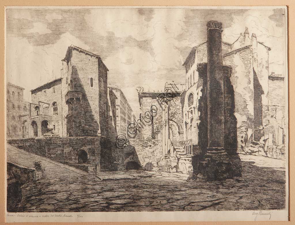   Assicoop - Unipol Collection: Augusto Baracchi (1878 - 1942), "Rome, Porticus of Octaviae, and the Ruins of Marcellus' Theatre", etching on paper.