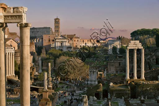 Roma, veduta del Foro Romano. In primo piano a sinistra: colonne e trabeazione del Tempio di Saturno. A destra le tre colonne superstiti del Tempio dei Dioscuri (Castori). Sfondo: il Colosseo, la chiesa di S.ta Francesca Romana (già S. Maria Nuova) e l'arco di Tito.