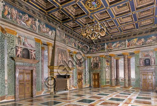 Roma, Villa Farnesina: la Sala delle Prospettive,  con vedute di Roma,  affreschi di Baldassarre Peruzzi (1518-1519). È uno dei primi esempi di prospettiva nella pittura e rappresenta la continuazione ideale delle logge del pianterreno; attraverso il finto loggiato si vedono paesi arroccati, scorci di campagna e  la città (la Chiesa di Santo Spirito, una basilica romanica, la porta Settimiana).