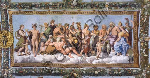 Rome, Villa Farnesina, Loggia of Cupid and Psyche: view of the vault with the Council of the Gods, where the unjustly persecuted girl is finally received by the gods with divine complacence.Fresco by Giovan Francesco Penni on a Raphael's draft  (1517-18).