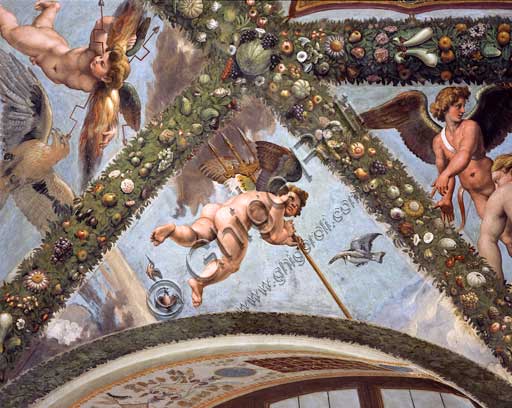 Rome, Villa Farnesina, Loggia of Cupid and Psyche: one vault  pendentive depicting Mercurius.Fresco by  Giulio Romano on a Raphael's draft (1517-18).