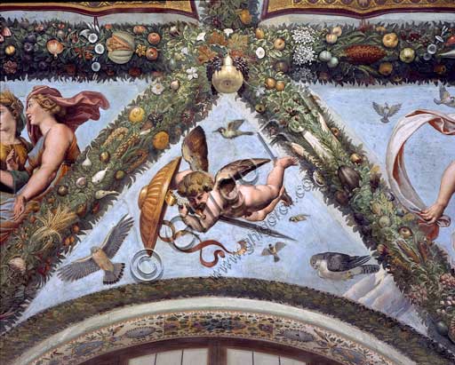 Rome, Villa Farnesina, Loggia of Cupid and Psyche: one vault  pendentive depicting Mercurius.Fresco by  Giulio Romano on a Raphael's draft (1517-18).