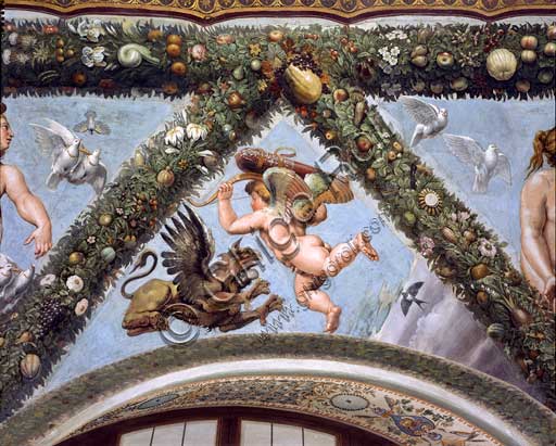 Rome, Villa Farnesina, Loggia of Cupid and Psyche: one vault  pendentive depicting Mercurius.Fresco by  Giulio Romano on a Raphael's draft (1517-18).