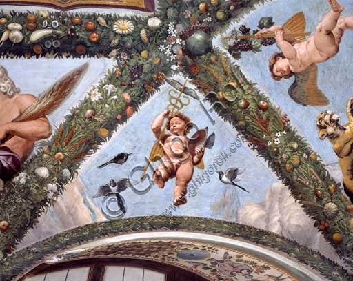 Rome, Villa Farnesina, Loggia of Cupid and Psyche: one vault  pendentive depicting Mercurius.Fresco by  Giulio Romano on a Raphael's draft (1517-18).