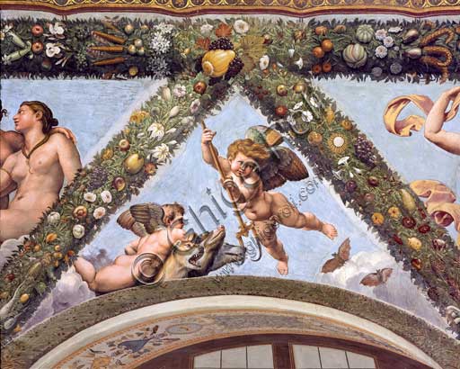 Rome, Villa Farnesina, Loggia of Cupid and Psyche: one vault  pendentive depicting Cupids with Cerberus.Drafted by Raphael, the vault has been depicted by his workshop:  Raffaellino del Colle, Giovan Francesco Penni, Giulio Romano, Giovanni da Udine ,(1517-18).