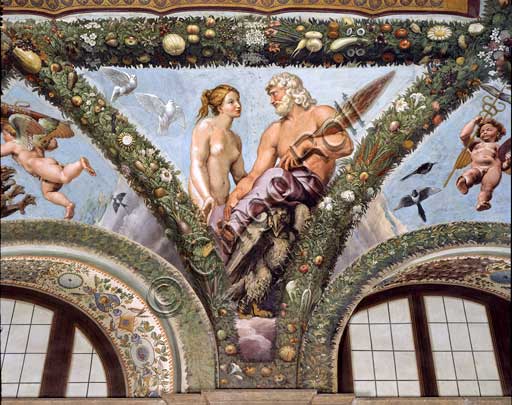 Rome, Villa Farnesina, Loggia of Cupid and Psyche: one vault  pendentive depicting Venus and Jupiter.Fresco by Giovan Francesco Penni on a Raphael's draft (1517-18).