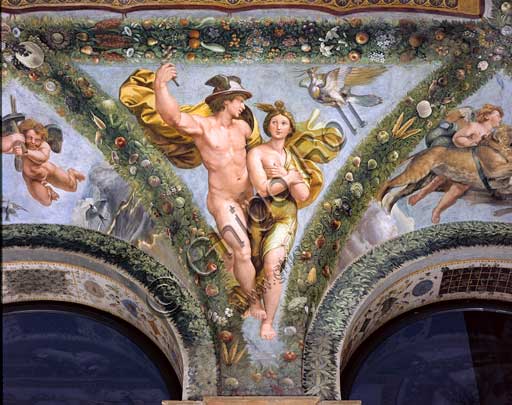 Rome, Villa Farnesina, Loggia of Cupid and Psyche: one vault  pendentive depicting Mercurius and Psyche.Fresco by Giovan Francesco Penni on a Raphael's draft (1517-18).
