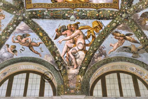 Rome, Villa Farnesina, Loggia of Cupid and Psyche: one vault  pendentive representing Venus instructs Cupid to launch an arrow.Fresco by  Raffaellino del Colle on a Raphael's draft (1517-18).