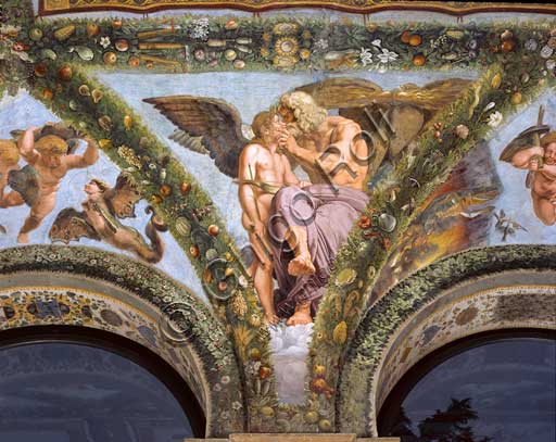 Rome, Villa Farnesina, Loggia of Cupid and Psyche: one vault  pendentive representing Jupiter consoling Cupid.Fresco by  Giulio Romano on a Raphael's draft (1517-18).