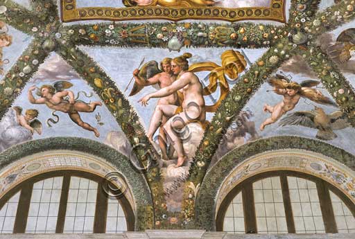 Roma, Villa Farnesina, Loggia di Amore e Psiche: uno degli otto pennacchi della volta, con Venere che ordina a Cupido di lanciare una freccia. Ai lati due vele con amorini.Affresco di Raffaellino del Colle su disegno di Raffaello (1517-18).