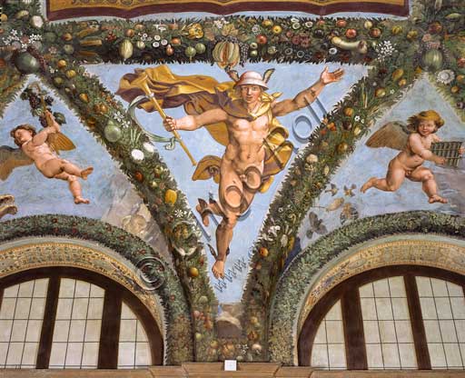 Rome, Villa Farnesina, Loggia of Cupid and Psyche: one vault  pendentive depicting Mercurius.Fresco by  Giulio Romano on a Raphael's draft (1517-18).