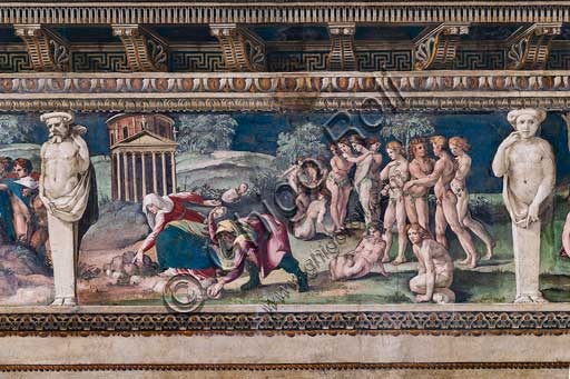 Roma, Villa Farnesina, Sala delle Prospettive: fregio superiore con scene mitologiche ispirate alle Metamorfosi di Ovidio.  Particolare con Deucalione e Pirra che tirano pietre.Affreschi di Baldassarre Peruzzi (1517-8). Deucalione e Pirra, a capo coperto, sono chinati nell’atto di raccogliere e gettare alle loro spalle le pietre. Il tempio sullo sfondo è quello della dea Temi a cui i due coniugi si sono rivolti in preghiera per sapere come poter ripopolare il mondo. Il vaticinio della dea ordinava ai due di coprirsi il capo e raccogliere le “ossa della grande madre” (Ovidio, Met., I, v. 383), cioè le pietre ossa della terra, e di gettarle alle loro spalle. Le pietre si trasformano così in uomini e donne, a seconda che a lanciarle sia Deucalione o Pirra. 