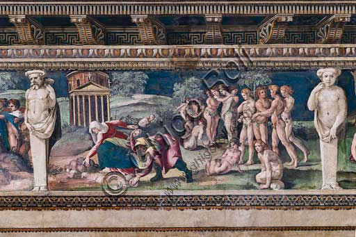 Rome, Villa Farnesina, The Hall of Perspectives: the ample frieze with mythological scenes inspired by the Ovid  Metamorphoses. Detail of Deucalion and Pyrrha throwing stones.Frescoes by Baldassarre Peruzzi (1517-8). Once the deluge was over and the couple had given thanks to Zeus, Deucalion (said in several of the sources to have been aged 82 at the time) consulted an oracle of Themis about how to repopulate the earth. He was told to cover his head and throw the bones of your mother behind your shoulder. Deucalion and Pyrrha understood that "mother" is Gaia, the mother of all living things, and the "bones" to be rocks. They threw the rocks behind their shoulders and the stones formed people. Pyrrha's became women; Deucalion's became men.