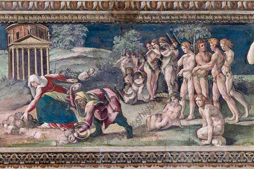 Roma, Villa Farnesina, Sala delle Prospettive: fregio superiore con scene mitologiche ispirate alle Metamorfosi di Ovidio.  Particolare con Deucalione e Pirra che tirano pietre.Affreschi di Baldassarre Peruzzi (1517-8). Deucalione e Pirra, a capo coperto, sono chinati nell’atto di raccogliere e gettare alle loro spalle le pietre. Il tempio sullo sfondo è quello della dea Temi a cui i due coniugi si sono rivolti in preghiera per sapere come poter ripopolare il mondo. Il vaticinio della dea ordinava ai due di coprirsi il capo e raccogliere le “ossa della grande madre” (Ovidio, Met., I, v. 383), cioè le pietre ossa della terra, e di gettarle alle loro spalle. Le pietre si trasformano così in uomini e donne, a seconda che a lanciarle sia Deucalione o Pirra. 